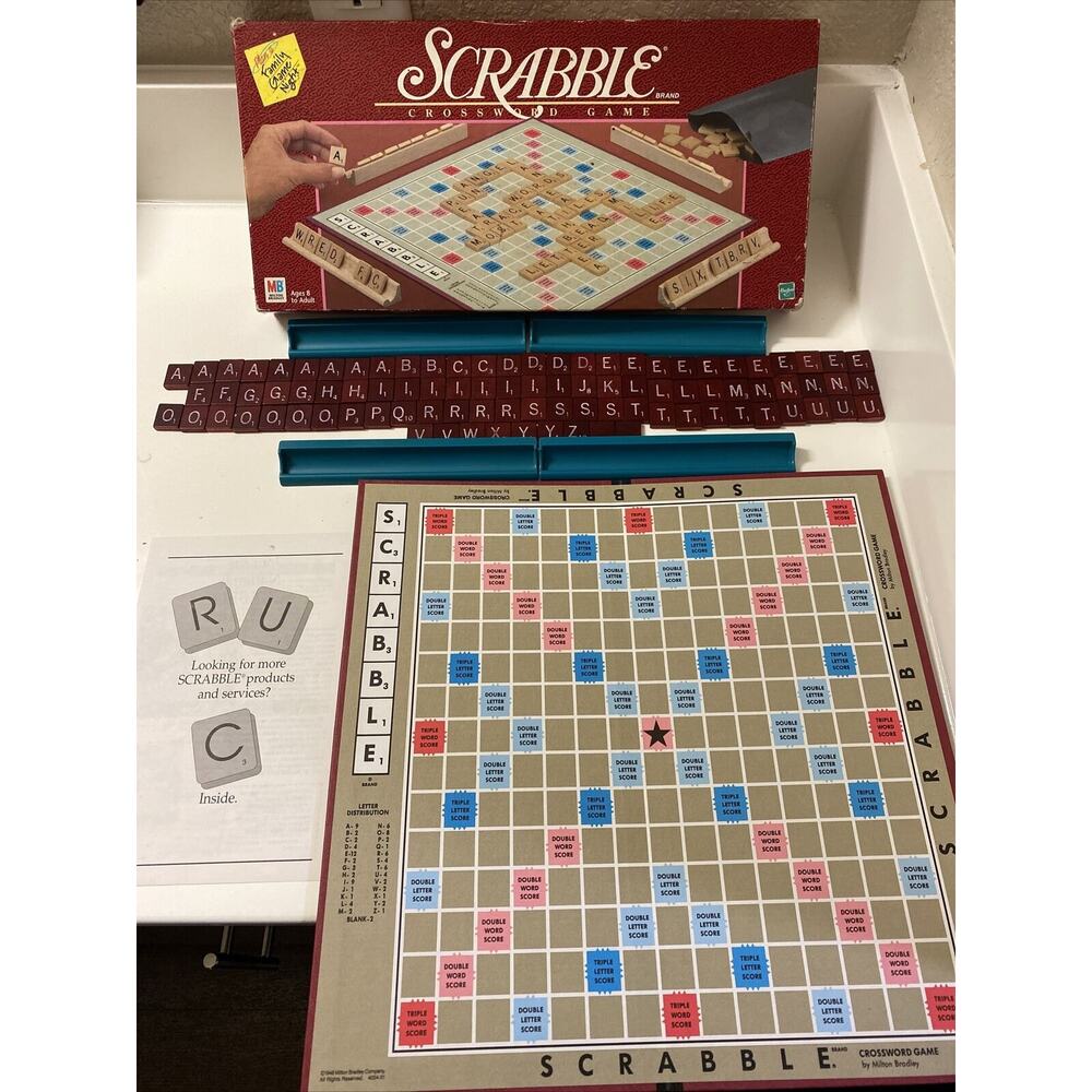 Scrabble 1989 Board With Burgundy‎ Wood Tiles Trays Incomplete *Missing Letters*